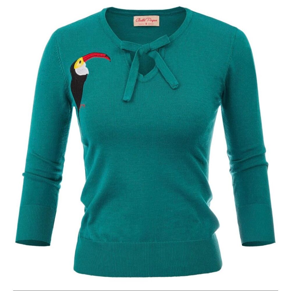 Belle Poque Turquoise Keyhole Toe Toucan Bird Vintage Style Sweater sz L NWT